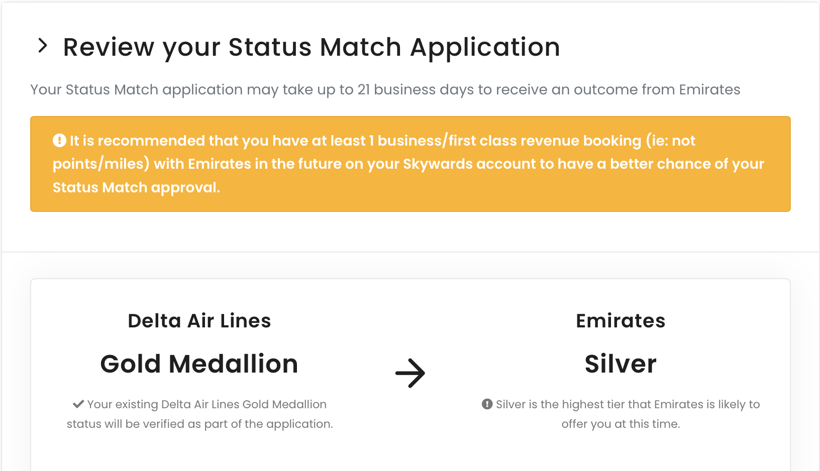 Match Delta Gold Medallion to Emirates Silver