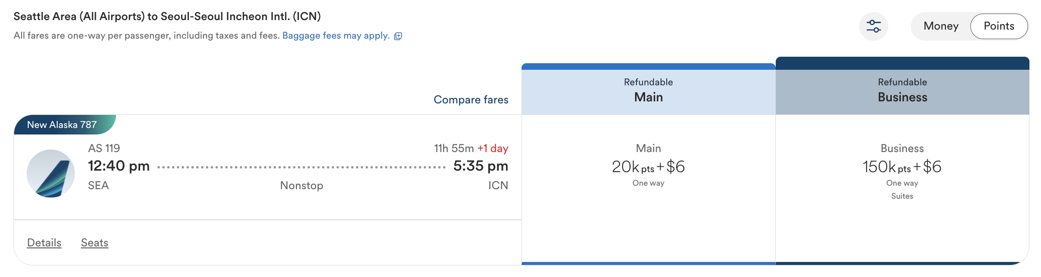 Alaska award search result for flight from SEA to ICN