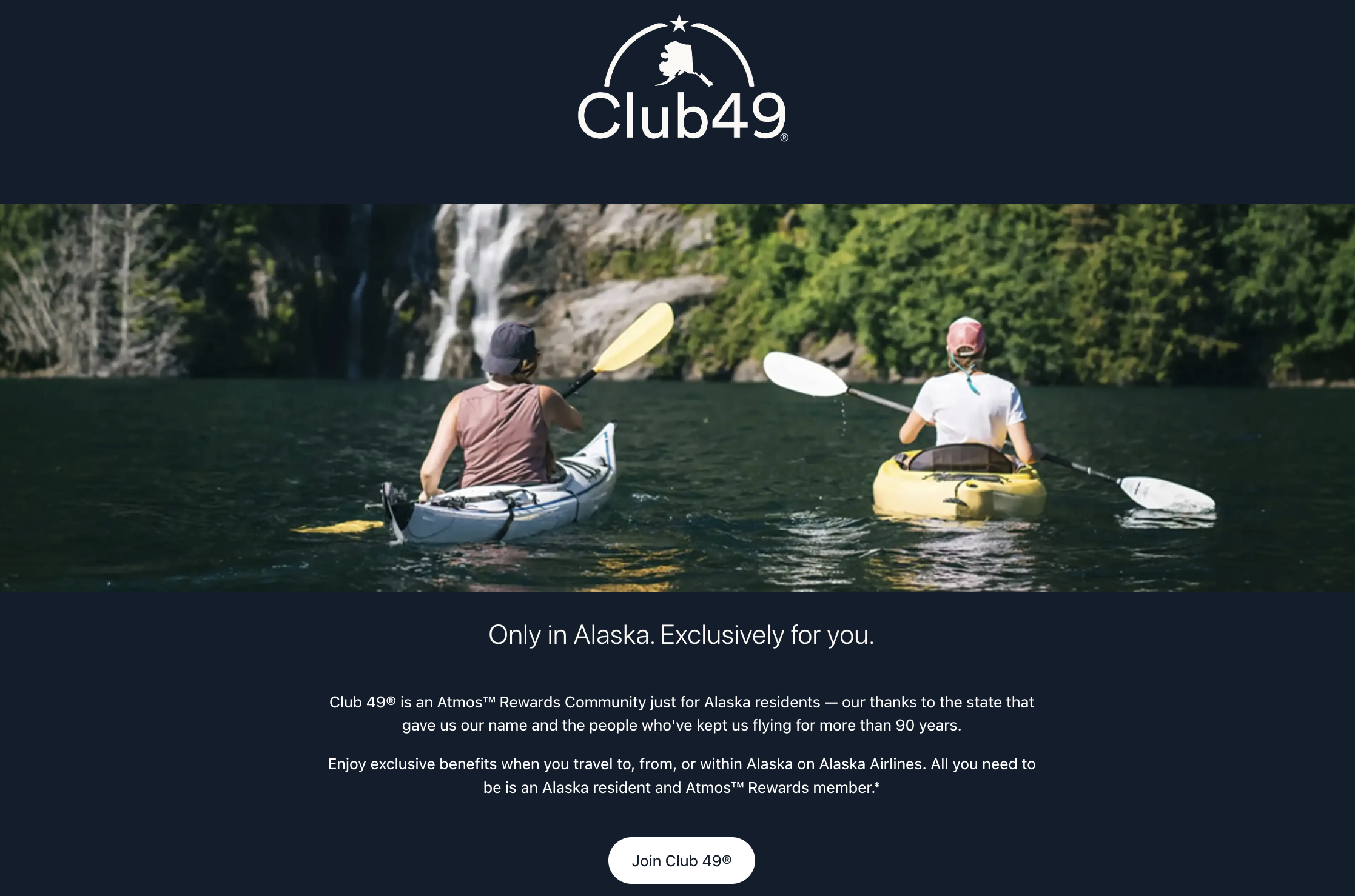 Alaska Airlines' website showing Club 49 community info