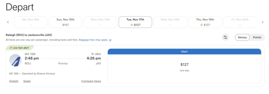 Alaska Airlines search result for a flight from RDU to JAX operated by Breeze