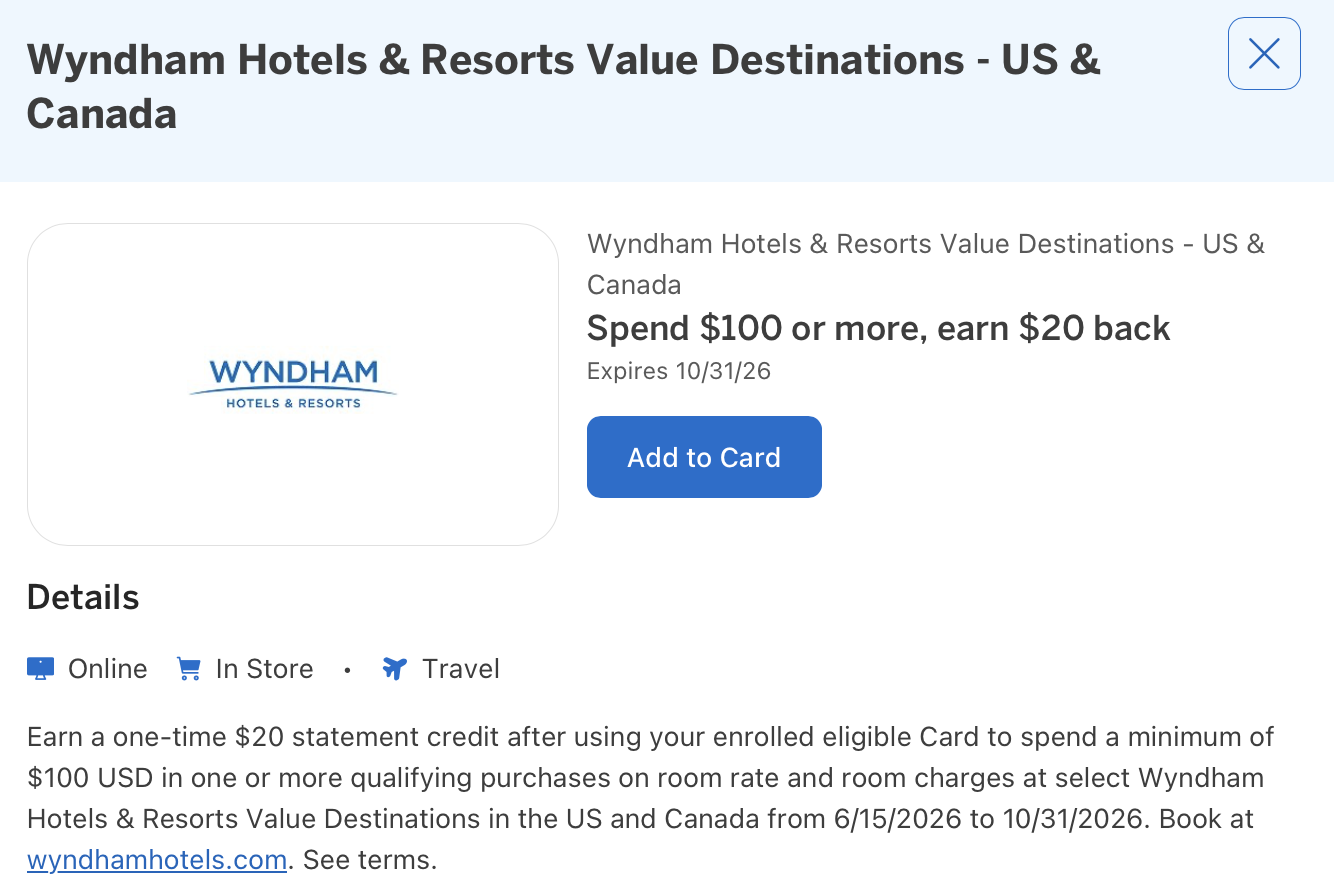 Amex Offer for Wyndham details