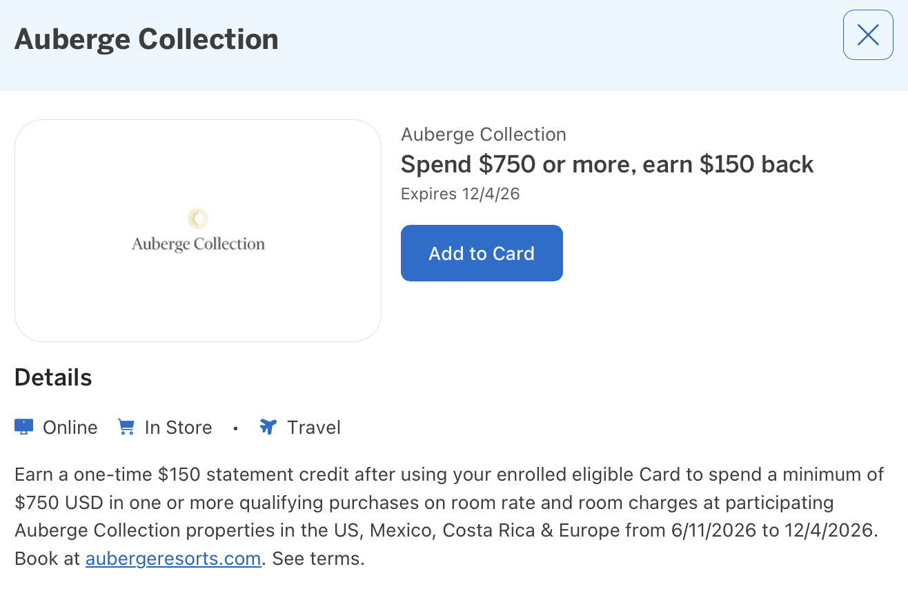 Amex Offer for Auberge Collection details