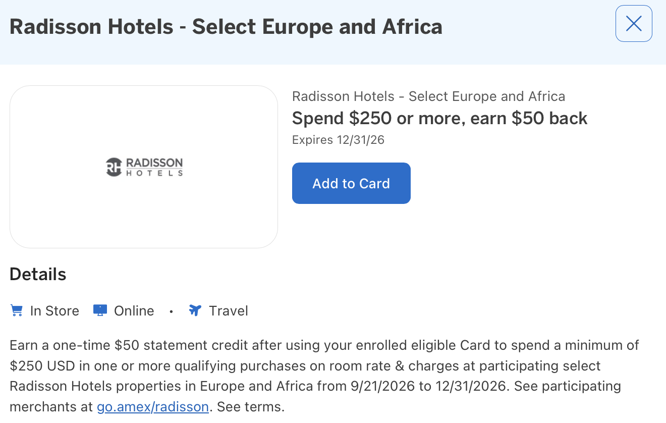 Amex Offer for Radisson Hotels details