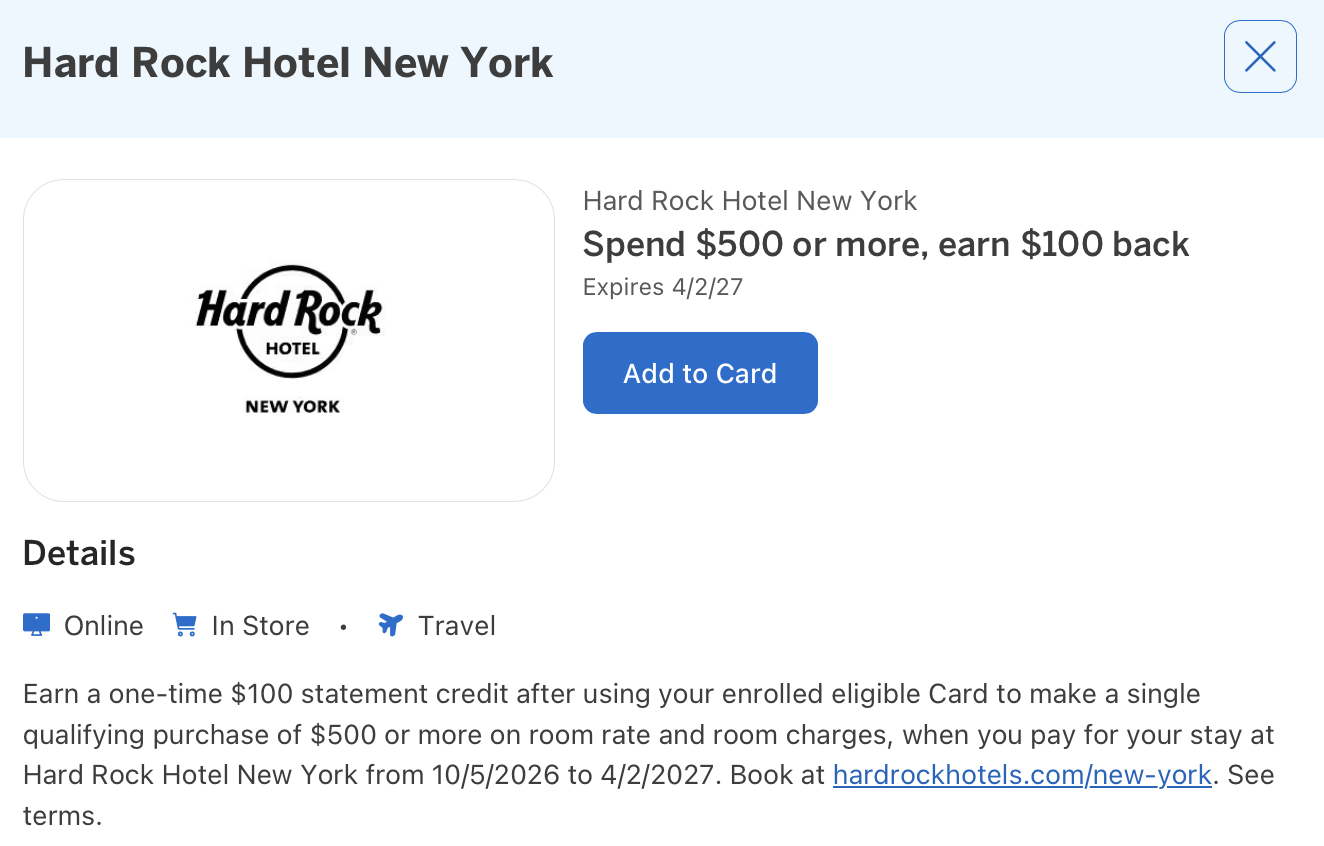 Amex Offer for Hard Rock Hotel New York details