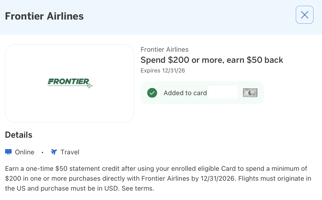 Amex Offer for Frontier Airlines details