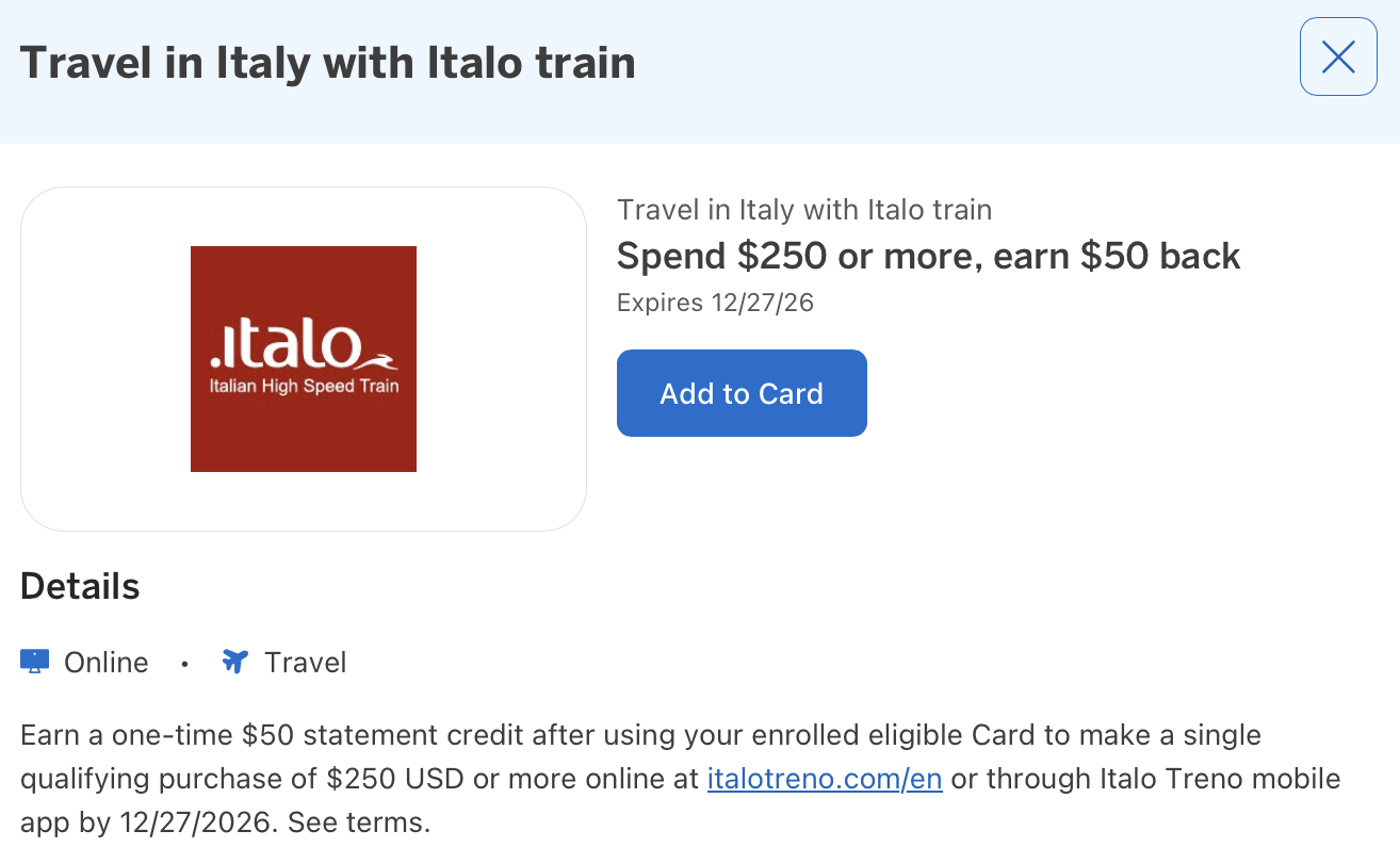 Italo Amex Offer details