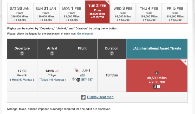 JAL website showing availability for 38.5k miles in business class HEL-HND