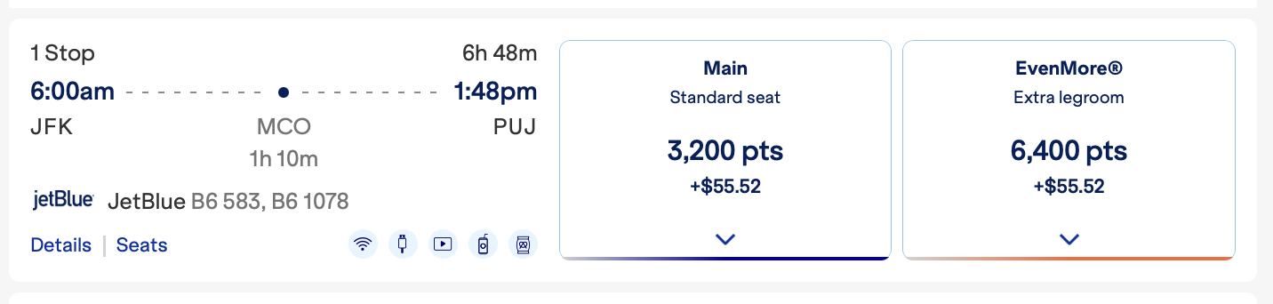 JetBlue award flight from JFK to PUJ