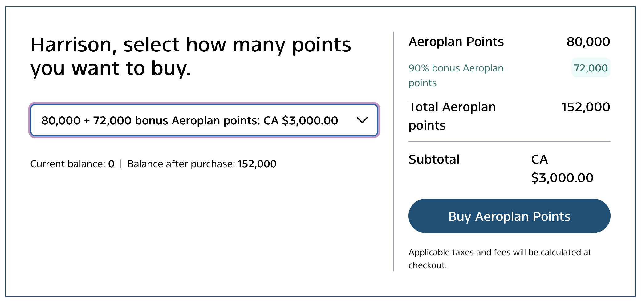 Example of buying Aeroplan points with a 90% bonus