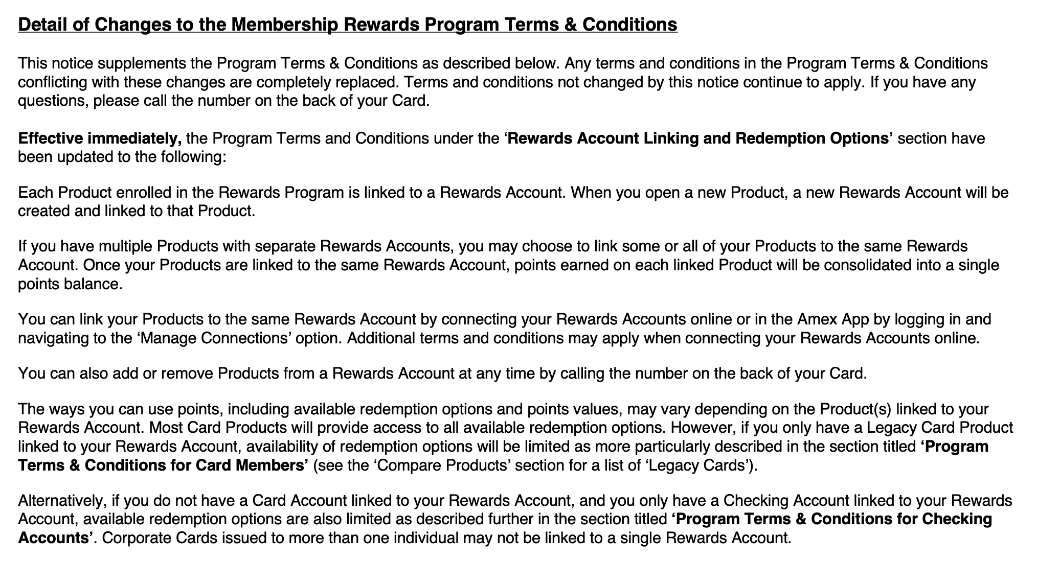 Changes to Membership Rewards program terms and conditions