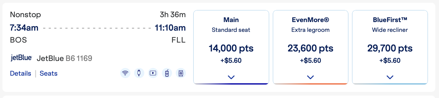 JetBlue award search for flight from BOS to FLL showing main, EvenMore, and BlueFirst seats