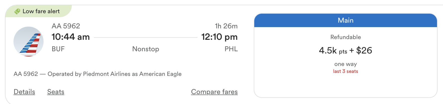 Award flight from Buffalo to Philadelphia on Alaska's website.