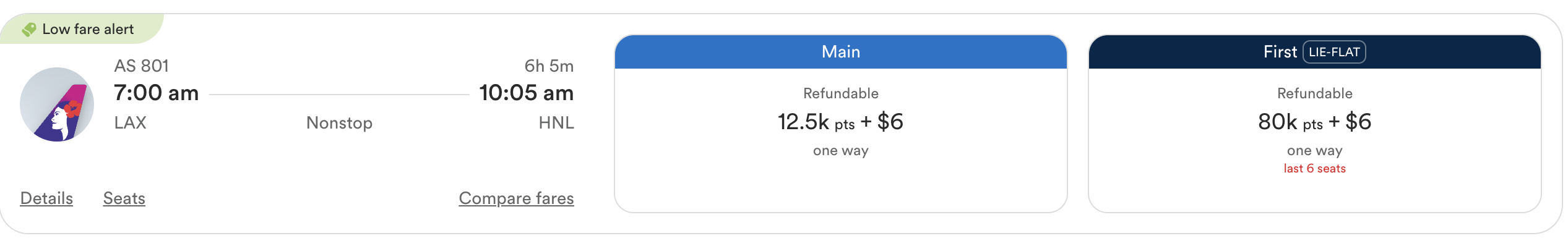 Award flight from LAX to Honolulu on Alaska Airlines website.