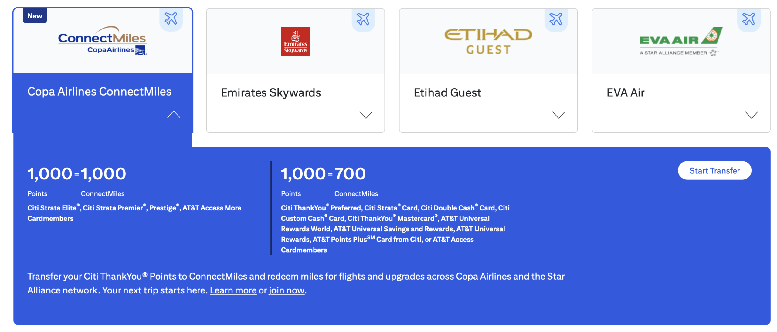 Citi ThankYou transfer partners page with ConnectMiles partner information opened