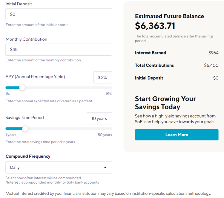 Savings account calculator example
