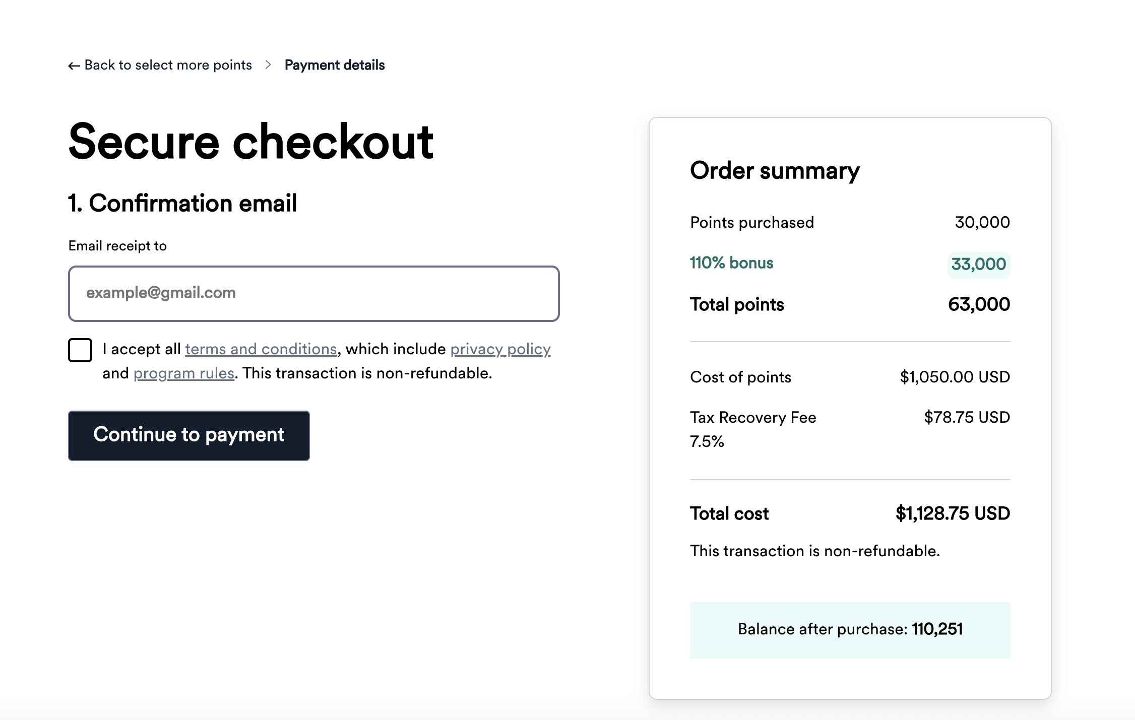 Atmos Rewards Points.com checkout page with a 110% bonus