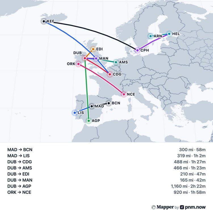 European routes booklable for 10,000 or less Atmos points